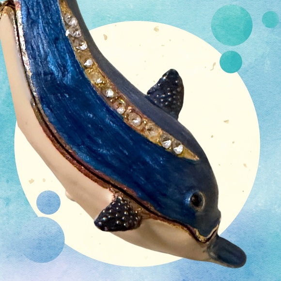 Blue Dolphin Enamel Hinged Magnetic Rhinestone Jewelry Trinket Box 3.5" - Picture 10 of 12
